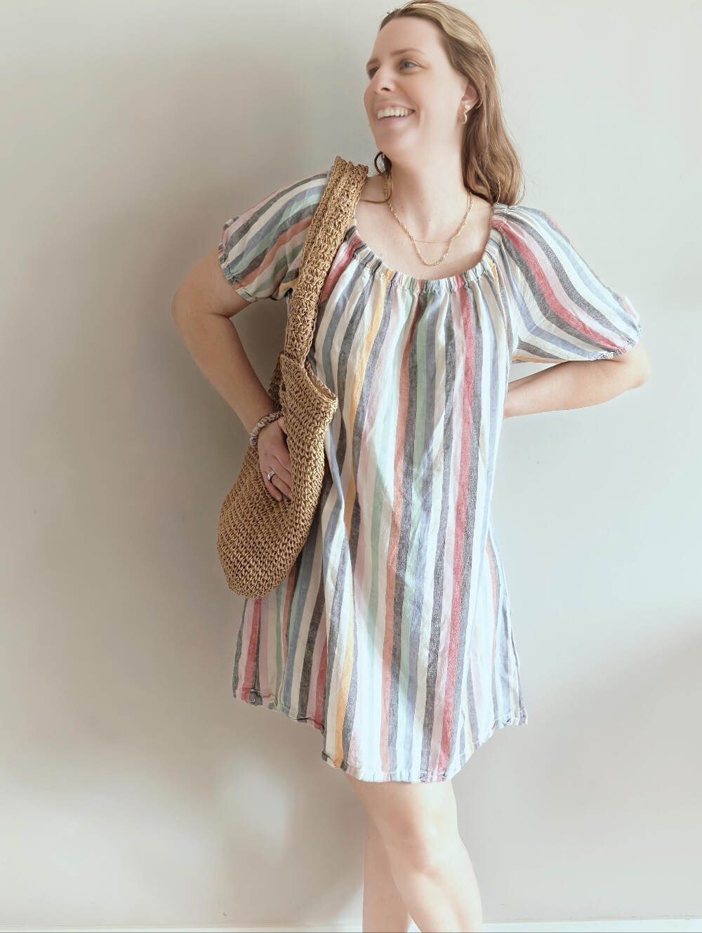 beachlunchlounge M Pastel Stripe Linen Blend Off Shoulder Shift Dress | Size M